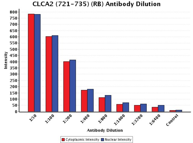 <B>Chart</B><BR/>Anti-CLCA2 (721-735): <B>Cat. No. C3996</B>: Intensity analysis of Anti-CLCA2 (721-735) staining. Cytoplasmic and nuclear intensity values were obtained at 8 different antibody dilutions (1:50 to 1:6,400) as compared with the negative control. Yale HTCB IF procedure used.