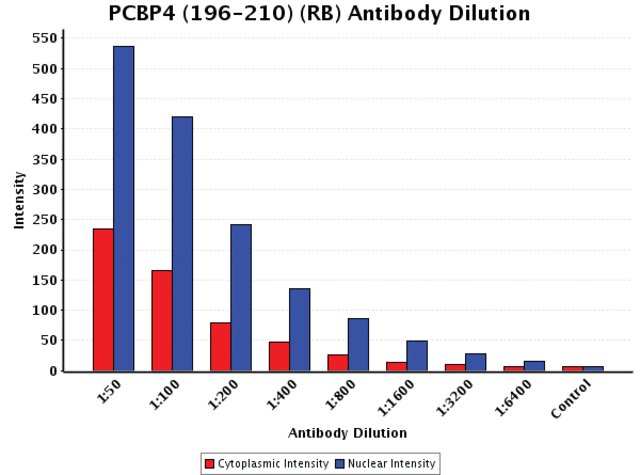 <B>Chart</B><BR/>Anti-PCBP4 (196-210): <B>Cat. No. C0997</B>: Intensity analysis of Anti-PCBP4 (196-210) staining. Cytoplasmic and nuclear intensity values were obtained at 8 different antibody dilutions (1:50 to 1:6,400) as compared with the negative control. Yale HTCB IF procedure used.