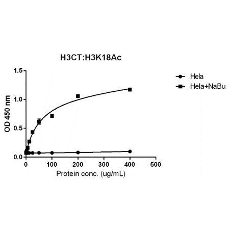 Sandwich ELISA against acetylated histone H3 <code><br /></code>at Lys 18 using HeLa whole cell lysate, treated or<code><br /></code> untreated with Sodium Butyrate. Using anti-H3CT <code><br /></code>(RM188, 1 ug/mL) as the capture antibody and<code><br /></code> biotinylated anti-H3K18C (RM166, 2 ug/mL) as the<code><br /></code> detection antibody.<code><br /></code>