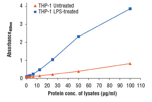  Figure 2: The relationship between protein concentration of lysates from untreated and LPS-treated THP-1 cells (1 μg/ml, 24 hr) and the absorbance at 450 nm as detected by the PathScan® Total CD44 Sandwich ELISA Kit is shown.