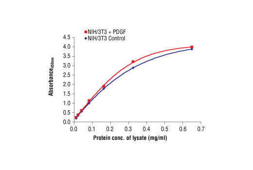The relationship between lysate protein concentration from untreated and PDGF-treated NIH/3T3 cells and the absorbance at 450 nm using PathScan ® Total Akt1 Sandwich ELISA Antibody Pair #7142. After overnight starvation, NIH/3T3 cells were treated with PDGF (50 ng/ml) for 10 minutes at 37ºC and then lysed.
