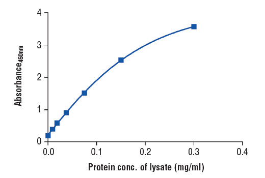 Figure 2. The relationship between protein concentration of lysates from HeLa cells and the absorbance at 450 nm as detected by the PathScan ® Total AMPKα Sandwich ELISA Kit #7961 is shown. HeLa cells (85% confluence) were harvested and then lysed.