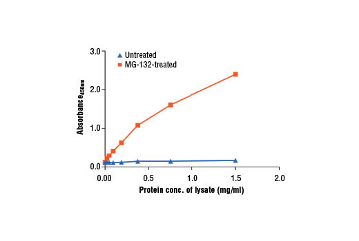  Figure 2: The relationship between protein concentration of lysates from HeLa cells, untreated or treated with MG-132 #2194, and the absorbance 450 nm as detected by the PathScan® Hydroxy-HIF-1α (Pro564) Sandwich ELISA Kit is shown.