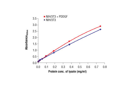  The relationship between lysate protein concentration from untreated and PDGF-treated NIH/3T3 cells and the absorbance at 450 nm using PathScan® Total MEK1 Sandwich ELISA Antibody Pair #7215 is shown. NIH/3T3 cells were treated with PDGF for 20 minutes at 37ºC and then lysed.