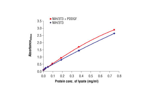 The relationship between lysate protein concentration from untreated and PDGF-treated NIH/3T3 cells and the absorbance at 450 nm using PathScan® Total MEK1 Sandwich ELISA Antibody Pair #7215 is shown. NIH/3T3 cells were treated with PDGF for 20 minutes at 37ºC and then lysed.