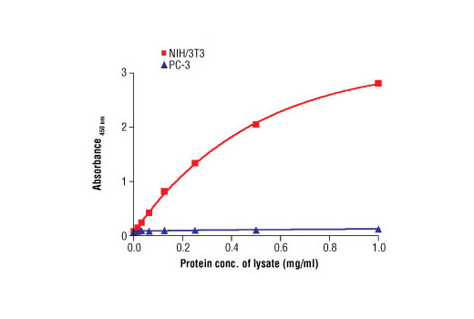  Figure 1. The relationship between the protein concentration of the lysate from NIH/3T3 (PTEN positive) and PC-3 (PTEN null) cell lines and the absorbance at 450 nm using the PathScan® Total PTEN Sandwich ELISA Antibody Pair is shown.