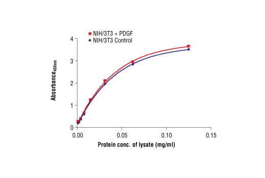  The relationship between lysate protein concentration from untreated and PDGF treated NIH/3T3 cells and the absorbance at 450 nm using PathScan® Total S6 Ribosomal Protein Sandwich ELISA Antibody Pair #7203 is shown. NIH/3T3 cells were starved overnight, treated with PDGF for 20 minutes at 37ºC and then lysed.