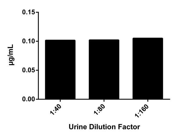 Fibronectin levels in Human urine. Interpolated values from three concentrations were multiplied by their dilution factor to represent the level in a neat sample. Background subtracted data from duplicate measurements are plotted.