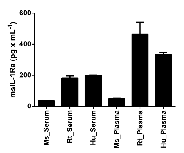 msIL-1Ra measured in biological fluids, background signal subtracted (duplicates +/- SD).