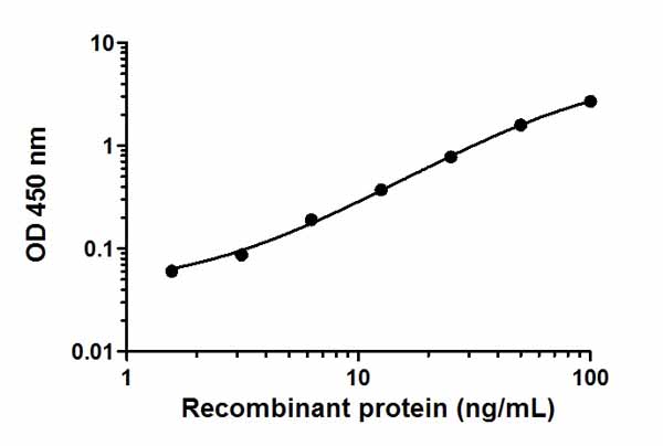Example of a typical p38 MAPKα (pT180/Y182) recombinant protein standard curve. The proportion of total protein that is phosphorylated is unknown - data is indicative only. Background-subtracted data values (mean +/- SD) are graphed.