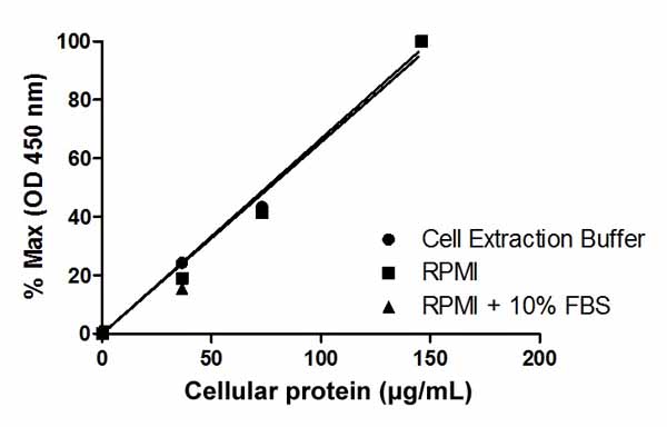 Linearity of dilution in representative sample matrices. Cellular lysates were prepared at 3 concentrations in common media containing 1 x Cell Extraction Buffer PTR. Data from duplicate measurements of p38 MAPKα are normalized and plotted.
