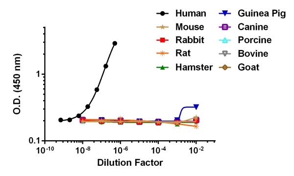 Animal serum from a variety of species were serially diluted and tested for cross reactivity using the Human Serum Albumin SimpleStep ELISA kit (ab179887). Data shows that ab179887 is >4 logs more sensitive and specific to Human serum albumin compared to other animal species.