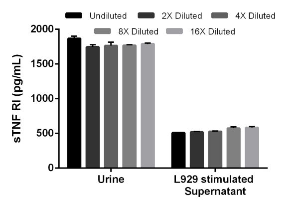 The concentrations of sTNF RI were measured in duplicate and interpolated from the sTNF RI standard curve and corrected for sample dilution. The interpolated dilution factor corrected values are plotted (mean +/- SD, n=2). The mean sTNF RI concentration was determined to be 1,754 pg/mL in mouse urine, 538.3 pg/mL L929 stimulated cell culture supernatant.
