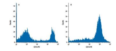 Flow Cytometry: Human CD14+ Cell Isolation Kit [MAGH105-NOV] - Isolation of human CD14+ cells from ficolled PBMCs using MagCellect Human CD14+ Cell Isolation Kit. Histograms show cells before (A) and (B) after isolation. Histograms reflect all viable cells stained with Anti-Human CD14-PE