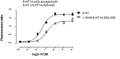  To determine the antagonist activity of ab118177, serial dilutions of the agonist was added to wells with or without ab118177. The agonist Ca++ response in the absence or presence of ab118177 was determined by exciting at 340nm and 380 nm and ratioing the fluorescence intensity of Fura-2 signal collected at 320 nm. The apparent KD was calculated from the rightward shift of the agonist response curve in the presence of ab118177, compared to the response curve for the agonist alone. KD values Antagonist –log; KD values 5-HT1A 8.75: 5-HT2A 6.34