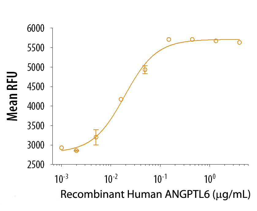 Recombinant Human ANGPTL6promotes the expansion of E16 rat liver mononuclear cells in the presence ofRecombinant Mouse SCF/c-kit, Recombinant Mouse Thrombopoietin/TPO, andRecombinant Mouse Flt-3 Ligand. The ED 50 forthis effect is 8-40 ng/ml in the presence of a cross-linking MouseAnti-Human c-Myc Monoclonal Antibody.