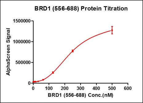 Recombinant BRD1 (556-688) activity using AlphaScreen. BRD1 (556-688) titration was assessed using an AlphaScreen® assay. Titration curves were generated to show signal response in the presence of modified peptide substrate at increasing protein concentrations. This data was generated and kindly provided courtesy of ChemPartner.