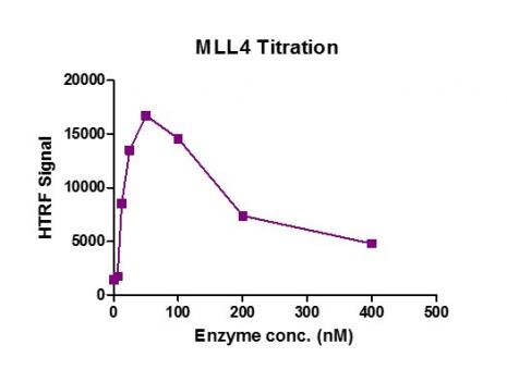 Recombinant MLL4 Complex HTRF activity assay 3. 3 μM H3K4me0 (1-21aa) peptide was incubated with MLL4 Complex in reaction buffer for 3 hour at room temperature. MLL4 Complex was used in a HTRF assay to determine enzyme linearity. Methylated peptide (H3K4me2) was measured using H3K4me2-specific antibody.