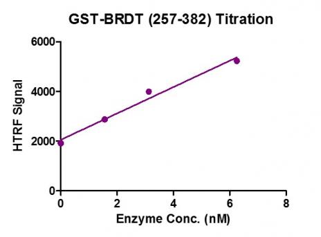 Recombinant BRDT (257-382) HTRF activity assay. 3. 3 µM histone peptide H4K5/8/12/16(4Ac) was incubated with BRDT (257-382) protein in reaction buffer including 50 mM HEPES-NaOH pH 7. 0, 0. 1% BSA for 1 hour at room temperature. Anti-GST antibody was used to detect reaction products.